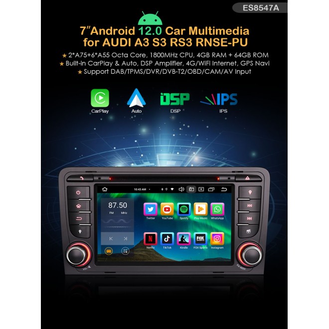 Erisin ES8547A 7" Android 14 за Audi A3