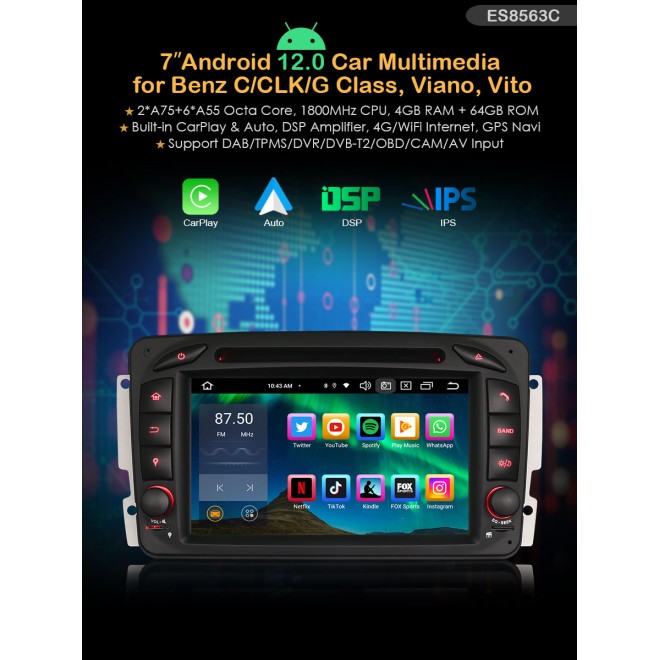 Erisin ES8563C 7" Android 14 за Mercedes C-class, CLK и др.